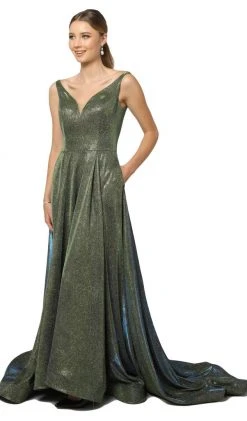 Nox Anabel - R274 Long Iridescent V Neck Gown With Train Formal Gowns