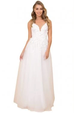 Nox Anabel - R346 Plunging V-Neck Floral Appliqued Bridal Gown
