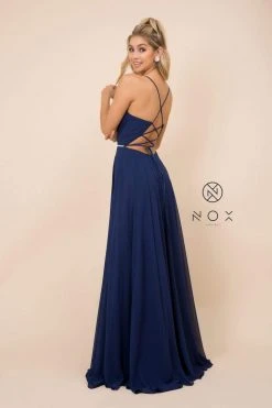 Nox Anabel - R416 Lace-up Open Back Beaded Waist A-Line Prom Dress 18 Nox Anabel - R416 Lace-up Open Back Beaded Waist A-Line Prom Dress