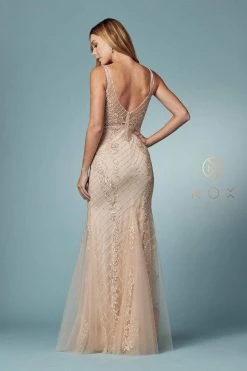 Formal Gowns Nox Anabel - Sleeveless V Neck Beaded Lace Applique Trumpet Gown A398 - 1 Pc Gold In Size 6 Available