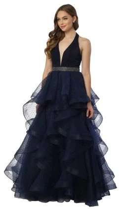 Nox Anabel - T256 Plunging Halter Dotted Lace Tiered Gown Formal Gowns