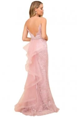 Nox Anabel - T314 Plunging V-Neck Embroidered Mermaid Gown Formal Gowns