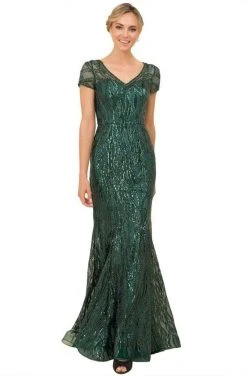 Formal Gowns Nox Anabel - T419 Embellished Sheer Short Sleeve V-neck Long Dress - 1 Pc Green In Size 12 Available