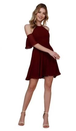 Nox Anabel - T667 Cold Shoulder Short Chiffon Dress