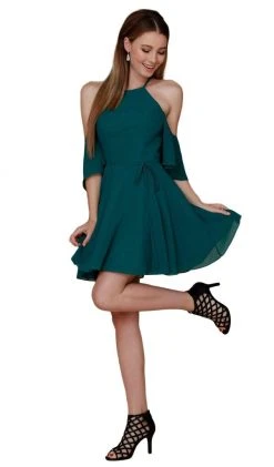 Nox Anabel - T667 Cold Shoulder Short Chiffon Dress