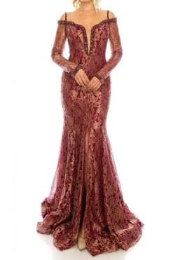Formal Gowns Odrella - 1080 Bejeweled Plunging Off Shoulder Metallic Lace Gown