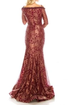 Formal Gowns Odrella - 1080 Bejeweled Plunging Off Shoulder Metallic Lace Gown
