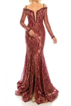 Formal Gowns Odrella - 1080 Bejeweled Plunging Off Shoulder Metallic Lace Gown