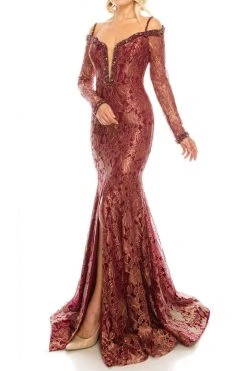 Formal Gowns Odrella - 1080 Bejeweled Plunging Off Shoulder Metallic Lace Gown