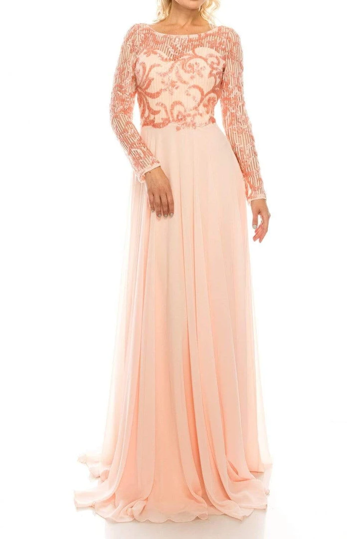 Odrella - 1147 Long Sleeve Sequined Filigree A-Line Gown Formal Gowns 3 Odrella - 1147 Long Sleeve Sequined Filigree A-Line Gown Formal Gowns