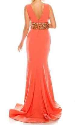 Odrella - 1565 Sleeveless V-Neck Ornate Empire Waist Trumpet Gown Formal Gowns