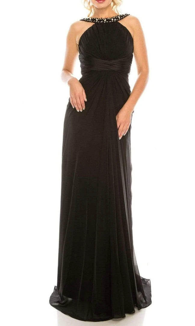Odrella - 1698 Gathered Embellished Halter Crepe Chiffon Evening Dress 3 Odrella - 1698 Gathered Embellished Halter Crepe Chiffon Evening Dress