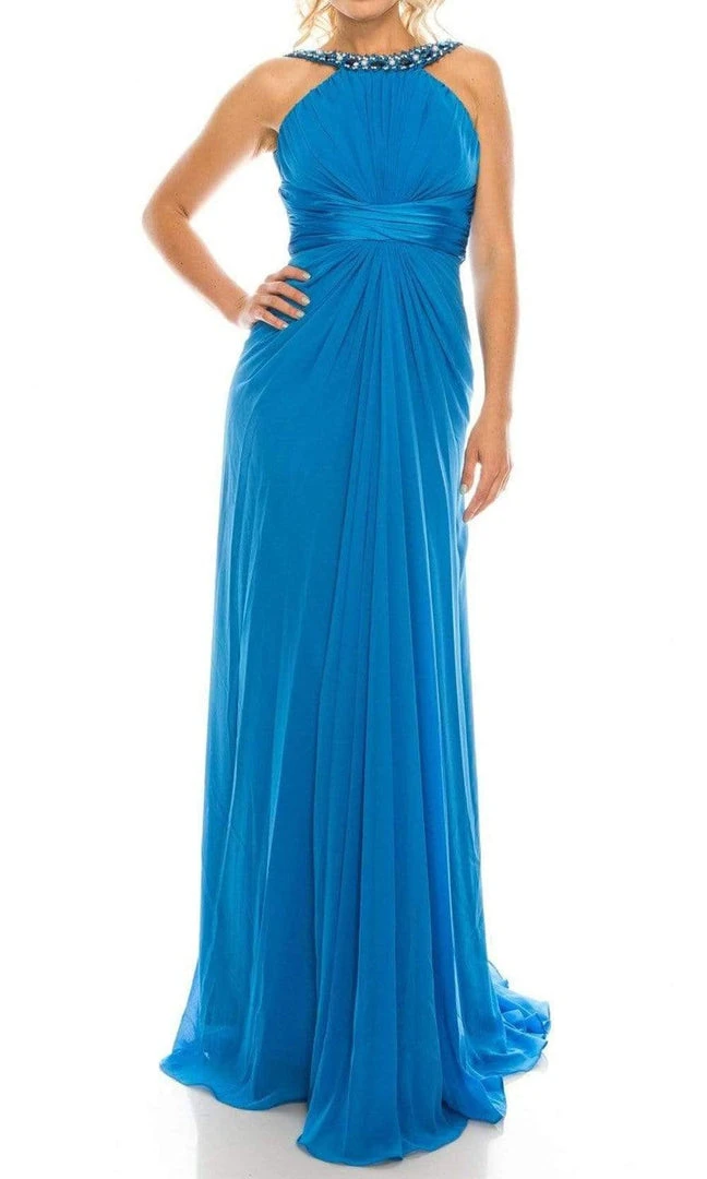 Odrella - 1698 Gathered Embellished Halter Crepe Chiffon Evening Dress 10 Odrella - 1698 Gathered Embellished Halter Crepe Chiffon Evening Dress