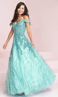 Panoply - 14009 Off Shoulder Sequin Appliqued A-Line Dress