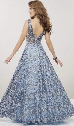 Formal Gowns Panoply - 14918 Embroidered Lace Deep V-neck A-line Dress