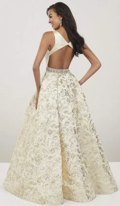 Formal Gowns Panoply - 14931 Deep V-neck Brocade Pleated A-line Dress