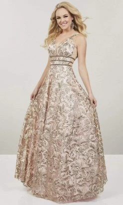 Panoply - Plunging V-Neck Embroidered Lace A-Line Gown 14918 - 1 Pc Blush/Gold In Size 2 Available Formal Gowns