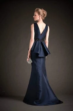 Park 108 - M132 Beaded Waist Peplum Mikado Mermaid Gown - 1 Pc Navy In Size 12 Available