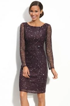 Patra - 11681 Beaded Sheer Long Sleeve Sheath Dress