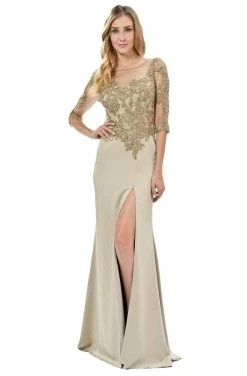 Poly USA - 7584 Quarter Sleeve Embroidered Illusion Trumpet Dress Formal Gowns