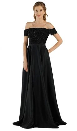 Formal Gowns Poly USA - 8132 Beaded Off-Shoulder Satin A-line Gown With Train