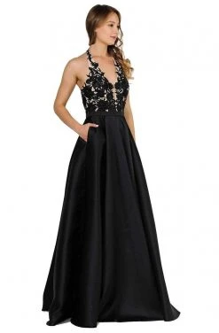 Poly USA - 8316 Embroidered Deep Halter V-neck A-line Gown