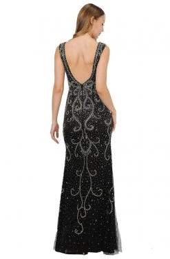 Poly USA - 8362 Bedazzled V-neck Long Trumpet Dress