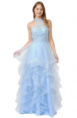 Formal Gowns Poly USA - 8372 Embroidered High Halter Ruffled Dress