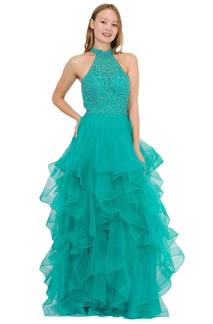 Formal Gowns Poly USA - 8372 Embroidered High Halter Ruffled Dress 6 Formal Gowns Poly USA - 8372 Embroidered High Halter Ruffled Dress