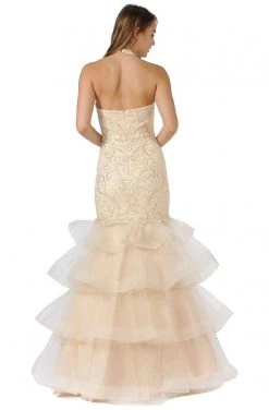 Poly USA - 8466 Embroidered Plunging Halter Trumpet Dress