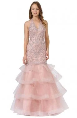 Poly USA - 8466 Embroidered Plunging Halter Trumpet Dress 10 Poly USA - 8466 Embroidered Plunging Halter Trumpet Dress