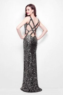 Primavera Couture - 1159 Sequined V Neck Long Dress With Slit Formal Gowns
