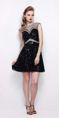 Primavera Couture - 1312 Cap Sleeve Sequined Mini Dress Cocktail Dresses