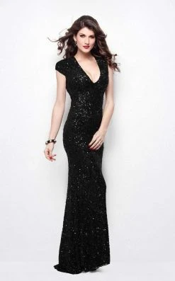 Primavera Couture - 1413 Sequined V Neck Cap Sleeves Long Gown