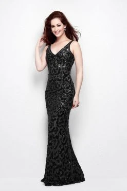Primavera Couture - 1414 Sequined V-Neck Sheath Gown