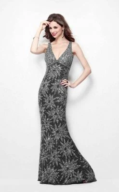 Primavera Couture - 1417 V Neck Sequined Embellished Long Gown Formal Gowns