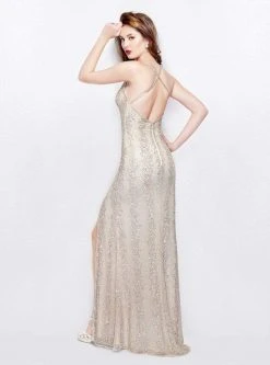 Primavera Couture - 3058 Sequined V Neck Gown With Slit Formal Gowns