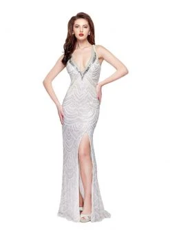 Primavera Couture - 3060 Deep V-Neck Sequined Strappy Back Gown