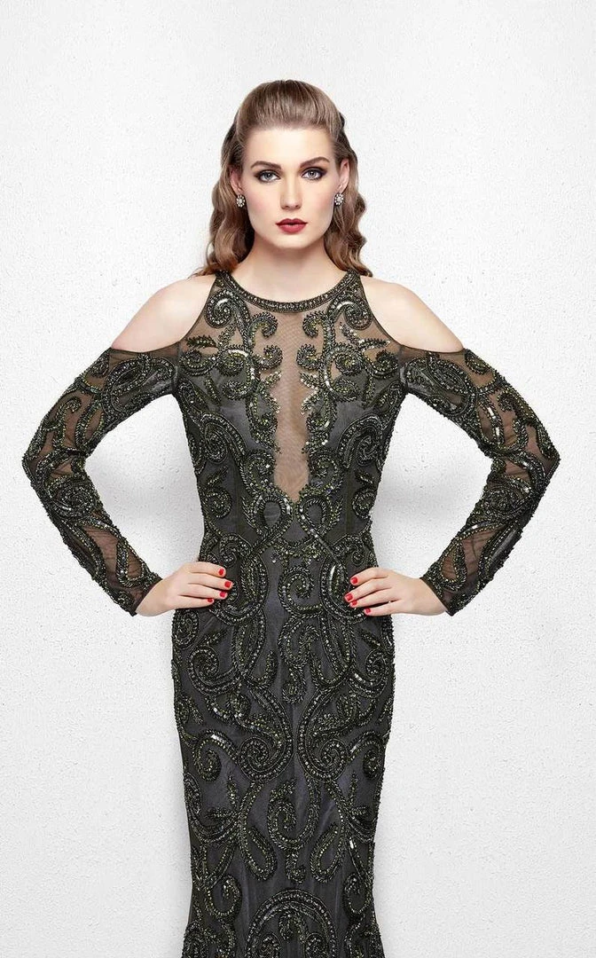 Primavera Couture - 3081 Beaded Long Sleeve Fitted Dress Formal Gowns 5 Primavera Couture - 3081 Beaded Long Sleeve Fitted Dress Formal Gowns
