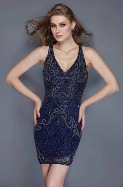Primavera Couture - 3112 Bedazzled Plunging V-neck Sheath Dress