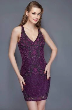 Primavera Couture - 3112 Bedazzled Plunging V-neck Sheath Dress