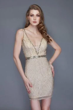 Cocktail Dresses Primavera Couture - 3135 Embellished Deep V-neck Fitted Dress