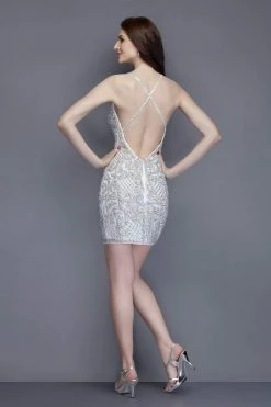 Primavera Couture - 3138 Embellished Plunging V-neck Cocktail Dress - 1 Pc Ivory In Size 18 Available Cocktail Dresses
