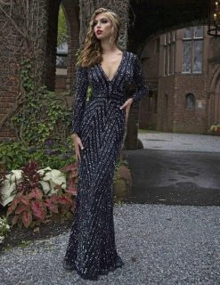 Primavera Couture - 3171 Geometric Sequined Long Sleeve Gown