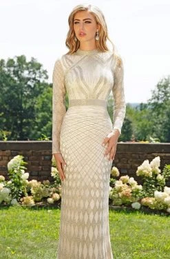 Primavera Couture - 3172 High Neck Beaded Long Sleeve Sheath Gown Formal Gowns