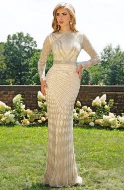 Primavera Couture - 3172 High Neck Beaded Long Sleeve Sheath Gown Formal Gowns