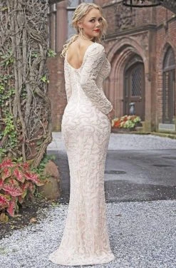 Primavera Couture - 3173 Scroll Motif Beaded Long Sleeve Sheath Gown