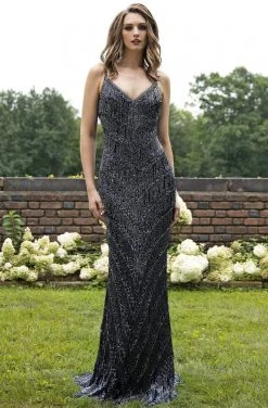 Primavera Couture - 3174 Fringed V-Neck Sheath Evening Gown Formal Gowns