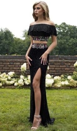 Primavera Couture - 3215 Two-Piece Floral Sequined Off Shoulder Gown