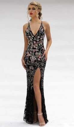 Primavera Couture - 3221 Floral Embellished Backless Sheath Gown